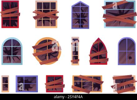 Broken wood windows. Old balcony window with cracked glass covered nailed wooden planks, abandoned house cartoon elements, swanky vector illustration original artwork Stock Vector