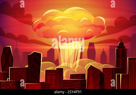 Nuclear explosion in city. Atomic bomb blast cloud mushroom cartoon comic background, explosive boom apocalypse damage buildings war conflict nuke weapon swanky vector illustration original artwork Stock Vector