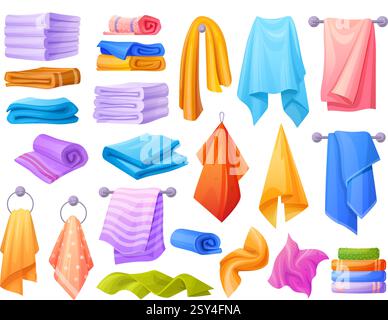 Cartoon bath towels. Folded bathe towel stack, rolled spa textile blanket washcloth hanging rack hotel bathroom shower beach soft fluffy cloth handkerchief tidy vector illustration original artwork Stock Vector