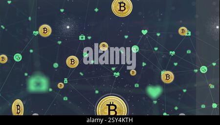 Image of bitcoin icons and digital data processing with connections Stock Photo