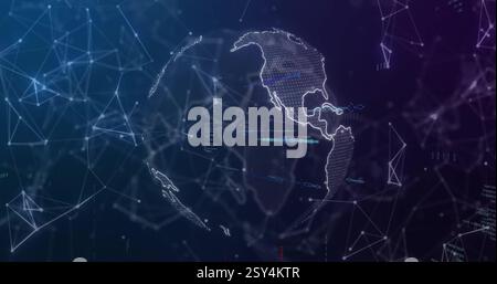 Image of globe spinning over moving shapes and data processing Stock Photo