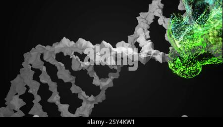 Image of dna strand over green spots Stock Photo