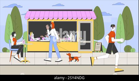 Lively street scene with cozy cafe outdoors flat illustration Stock Vector