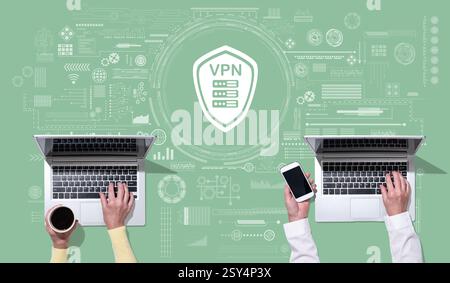 Top view of hands using laptop with symbol of vpn concept Stock Photo