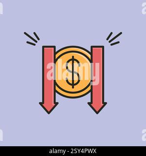 A vector illustration of a gold coin with a dollar sign, flanked by two red downward arrows, symbolizing financial decline, economic loss, or market d Stock Vector