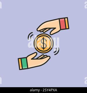 Vector illustration of two hands exchanging a dollar coin, symbolizing financial transactions, digital payments, donations, loans, and business exchan Stock Vector