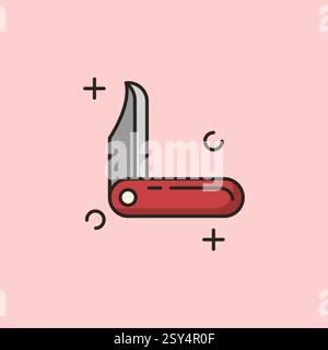 logo icon line art vector illustration design Red and gray icon of a pocket knife. Stock Vector