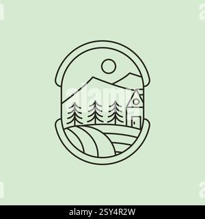 wooden cabin vector illustration icon logo design, with beautiful mountain view Stock Vector