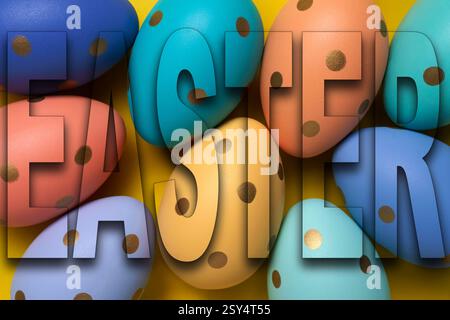 Font Word "EASTER" with transparency of Easter eggs. Banner, poster, template Stock Photo