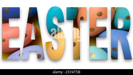 Font Word "EASTER" with transparency of Easter eggs. Banner, poster, template Stock Photo