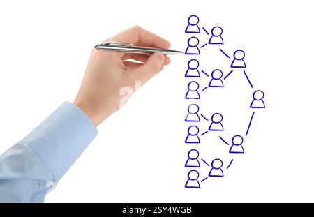 Man drawing family tree on white background. Scheme with human figures Stock Photo