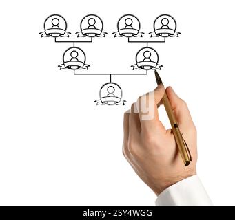 Man drawing family tree on white background. Scheme with human figures Stock Photo