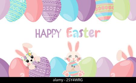 Spring Holiday Easter Eggs and Cute Bunnies Frame Stock Vector