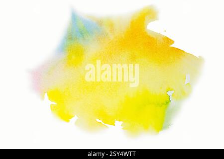 Bright watercolor paint yellow- blue brush ink, splash stroke stain drop. Abstract art illustration on a white background. Banner for text, grunge ele Stock Photo