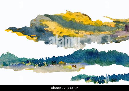 Abstract contemporary art for background watercolor painting colorful of natural design yellow blue green, hand drawn brush stroke. Art illustration b Stock Photo