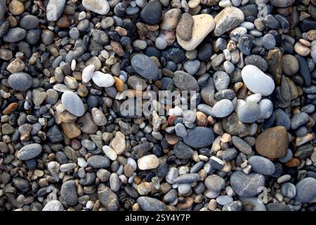 Sea shore pebbles texture. Background for banner, backdrop or texture for 3D mapping top view Stock Photo