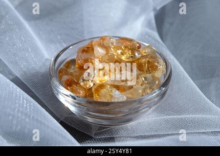 Citrine yellow gem geode crystals geological mineral as nice background close up top view Stock Photo