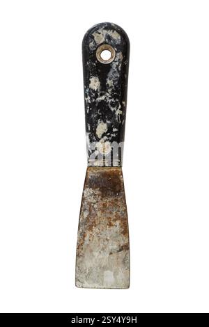 Dirty construction spatula isolated on white background There are stains from building mixes on it Stock Photo