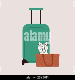 Pet travel. Cute small dog sitting in a stylish pet carrier next to a rolling suitcase. minimalist design, perfect for travel and pet transport. Stock Vector