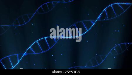 Image of dna strands over blue spots moving Stock Photo