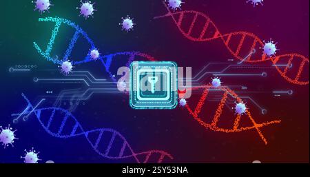 Image of key icon, dna strands and scientific data processing with covid 19 cells Stock Photo