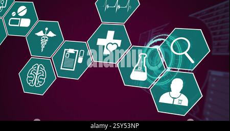 Image of icons with medical data processing over dark background Stock Photo