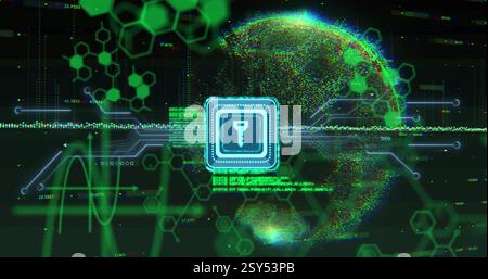 Image of key icon and scientific data processing over globe Stock Photo