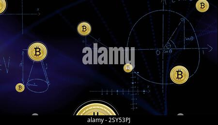 Image of bitcoin icons and mathematical data processing over dark background Stock Photo