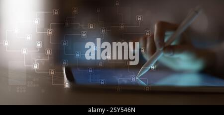 Blockchain Technology and Data Security Network Displayed on a Digital Interface. Stock Photo