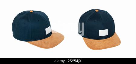 Isolated mockup of two dark blue and brown snapback caps with front and side view Stock Photo