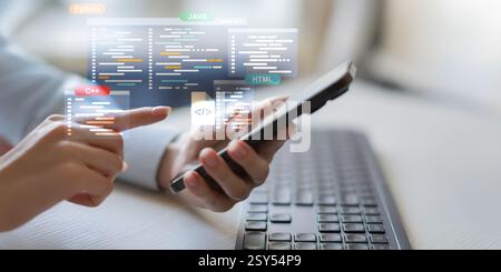 Software Development and Programming Languages Displayed on a Virtual Coding Interface. Stock Photo