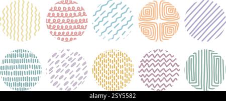 Set of circles with colored lines and dots in doodle style. Playful fancy different texture in sphere. Hand drawn shading circles filling. Clip art Stock Vector