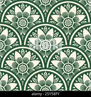 Green Beige Floral Mandala Seamless Vector Pattern with Leaf Motifs, Vintage Floral Mosaic Scallops illustration, perfect for textiles, fabrics, wallp Stock Vector
