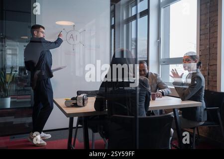 Business team discussing AI technology in a modern office. Concept of artificial intelligence in corporate strategy, innovation, and digital Stock Photo