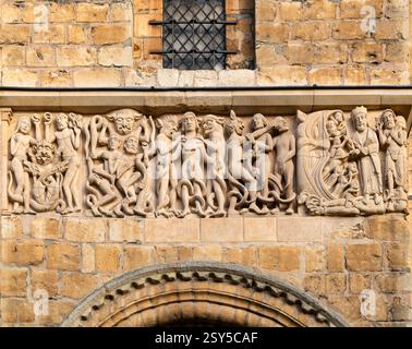 Romanesque Frieze modern replica stone carvings on cathedral frontage of cathedral church, Lincoln, Lincolnshire, England, UK Stock Photo