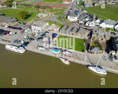 Bude, Cornwall, England, UK - 22 February 2025: Aerial view of the Bude Canal with boats and yachts moored on the quay. Stock Photo