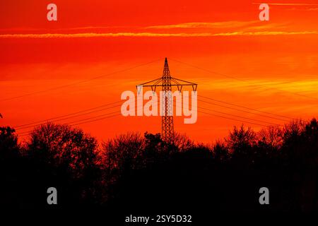 high-voltage pylon, electricity pylon with high-voltage lines at sunset, Germany, North Rhine-Westphalia, Bad Wuennenberg Stock Photo