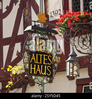 Wine house, old house from 1392 in Bacharach on the Rhine, UNESCO World Heritage Site Upper Middle Rhine Valley, Germany, Rhineland-Palatinate, Bachar Stock Photo