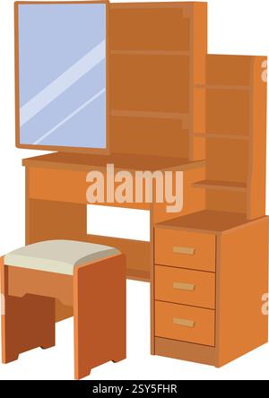 A wooden vanity with a mirror and a stool. The stool is white and the vanity is brown, Stock Vector