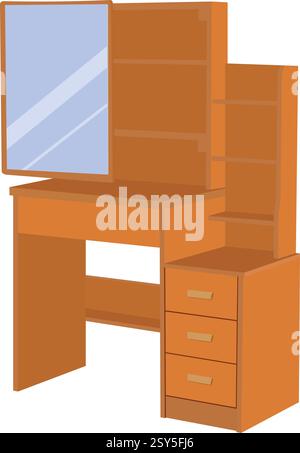 A wooden vanity with a mirror and three drawers. Brown wooden dressinng table vector illustration isolated on white background Stock Vector