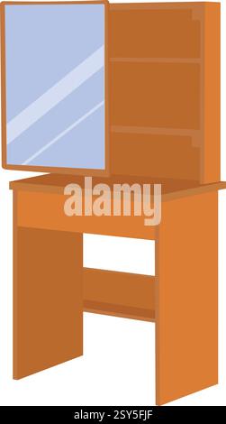 A wooden vanity with a mirror and a shelf. The mirror is reflecting the light from the window.Dressing table isolated on white background.cupboard ico Stock Vector