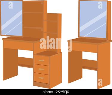Two wooden desks with a mirror on top. The desks are brown and have a simple design. The mirror is blue and reflects the surrounding area, Stock Vector