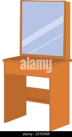A small wooden vanity with a mirror and a small shelf. The mirror is framed in a blue frame Stock Vector