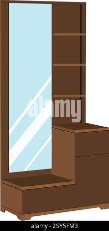 A brown mirror stand with a mirror on top. The mirror is framed in a blue frame. The stand is made of wood and has a simple design, Stock Vector