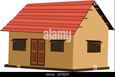A small house with a red roof and brown doors. The house is empty and has no furniture Stock Vector