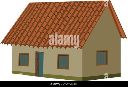 Indian hut vector iullustration isolated on white background. A small brown house with a blue door and windows. The house is empty and has a simple de Stock Vector