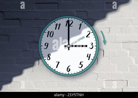 The clock shows its hands moving forward from 2 a.m. to 3 a.m., marking the daylight saving time transition from winter to spring. Stock Photo