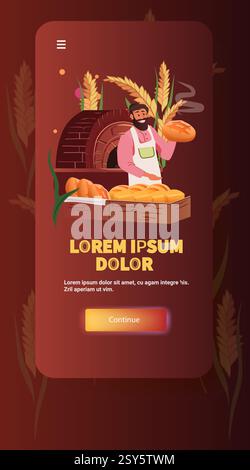 Baker holding bread in front of oven smiling with wheat background warm colors bakery theme mobile app screen Stock Vector