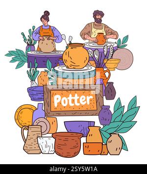 Pottery crafting artisans working on clay pots surrounded by various ceramic vessels and plants colorful artistic design for website or banner Stock Vector