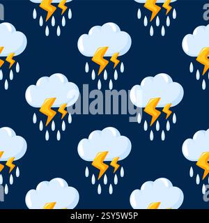 Stormy weather seamless pattern with rain cloud, lightning bolt and dark background in cartoon style. Design for nursery, forecasts, wallpaper and Stock Vector